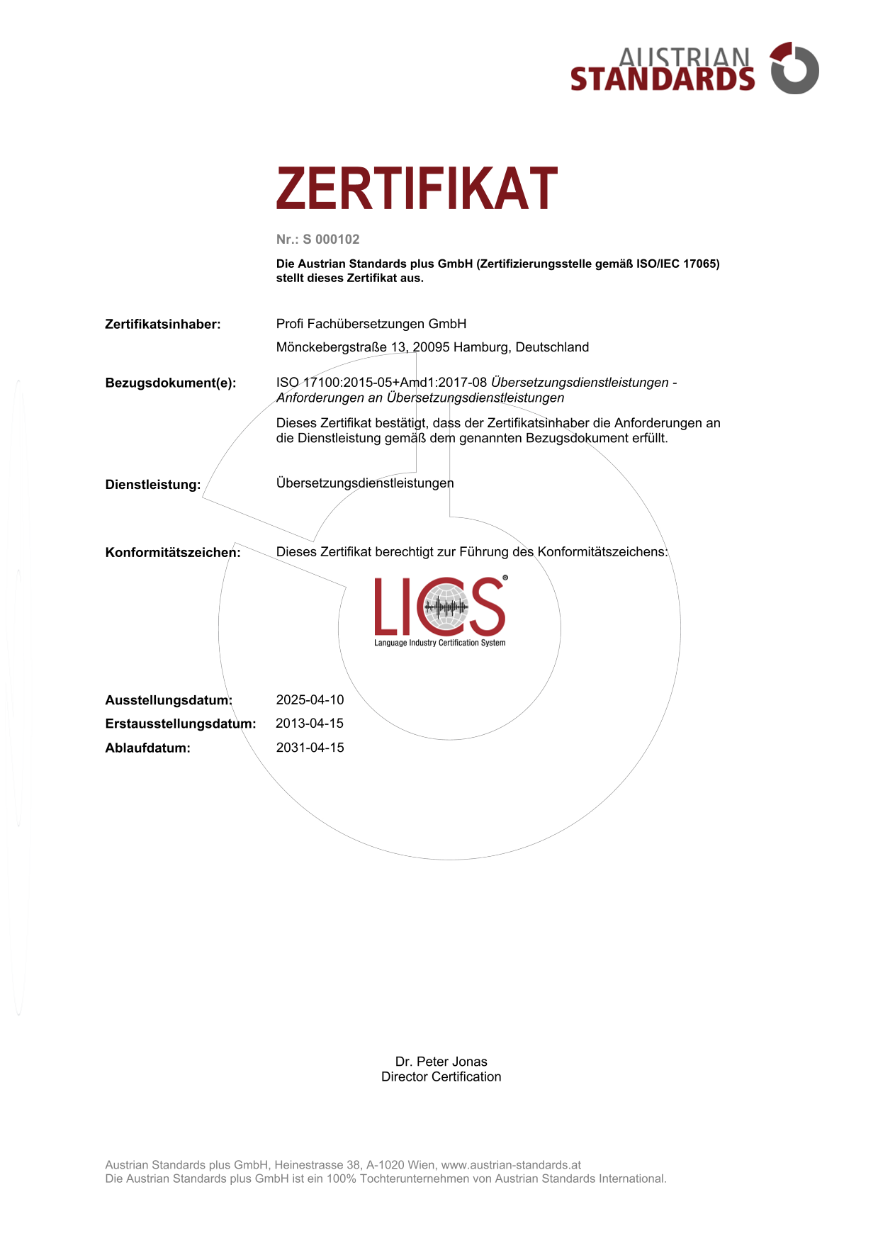 Zertifikat ISO 17100-1